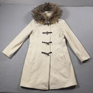 Marc New York Coat Womens Medium Cream Wool Blend Fur‎ Hood Toggle Closure Long